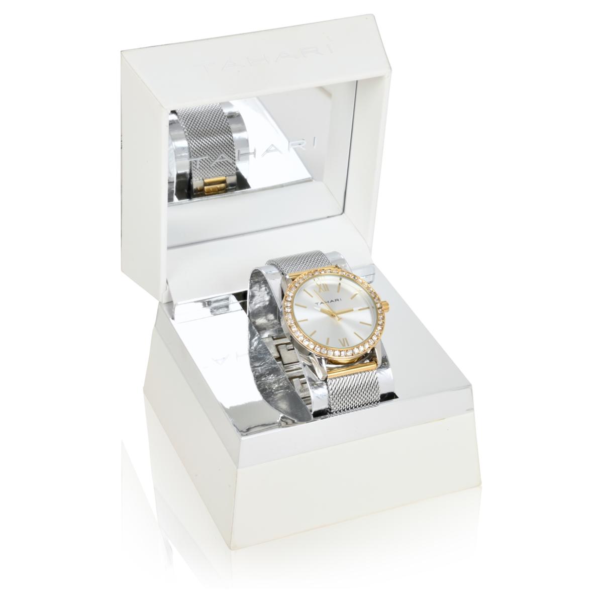Tahari Two-Tone Women's Crystal-Accented Mesh Bracelet Watch